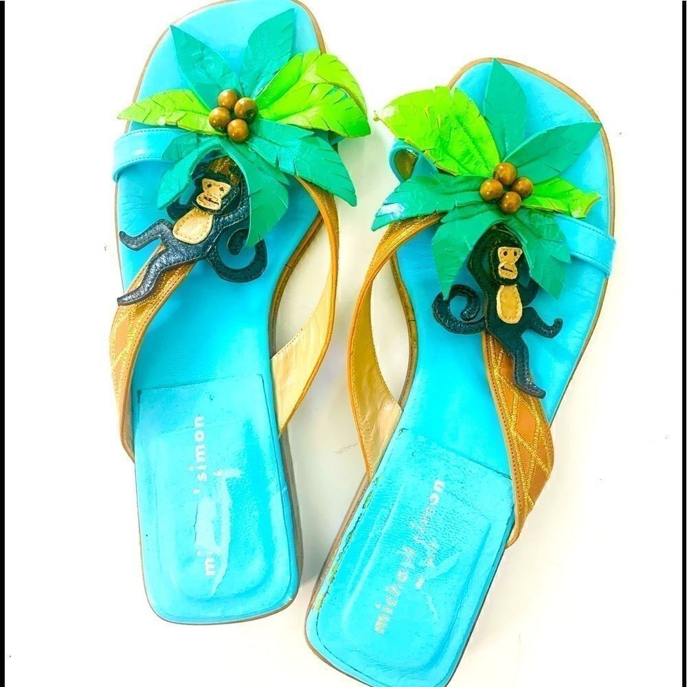 Vintage Leather Monkey Palm Tree Beach Vibe Slip on Sandals Made in Spain